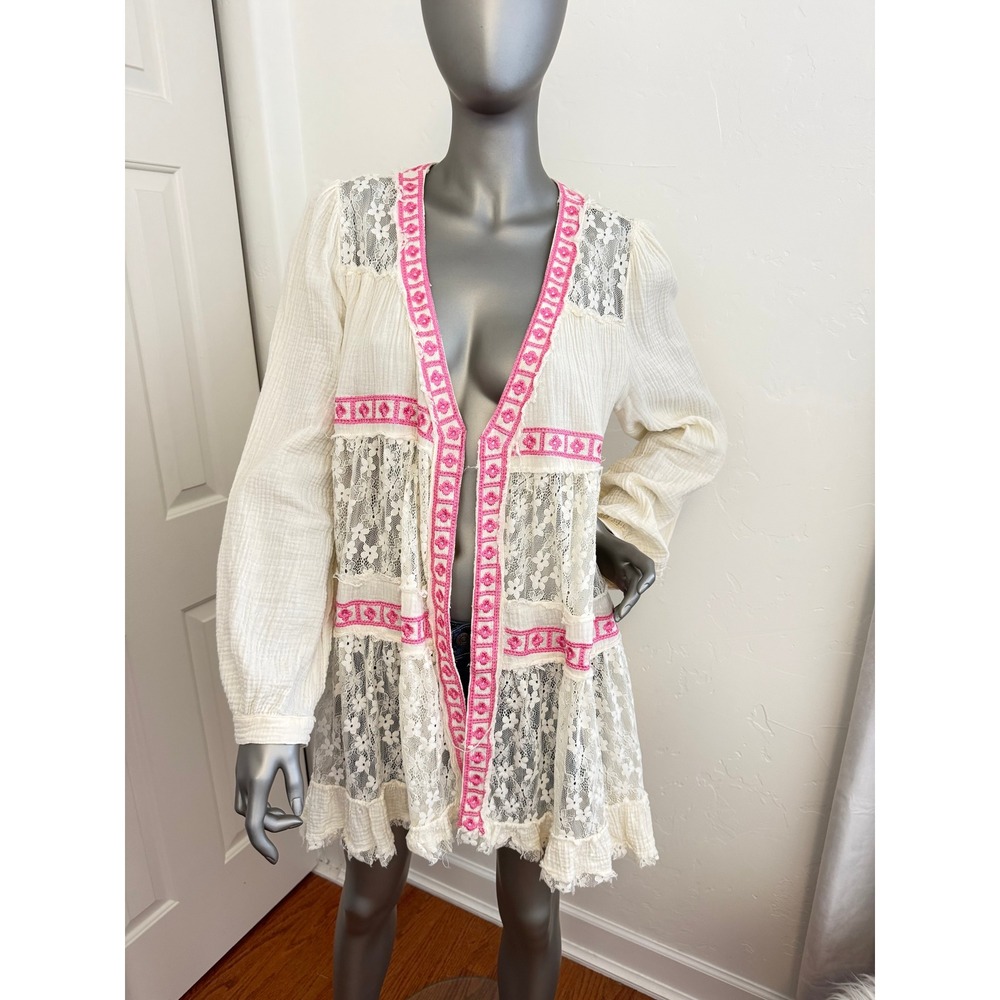 POL Lace Tiered Cotton Cardigan Boho Duster Pink Cream M